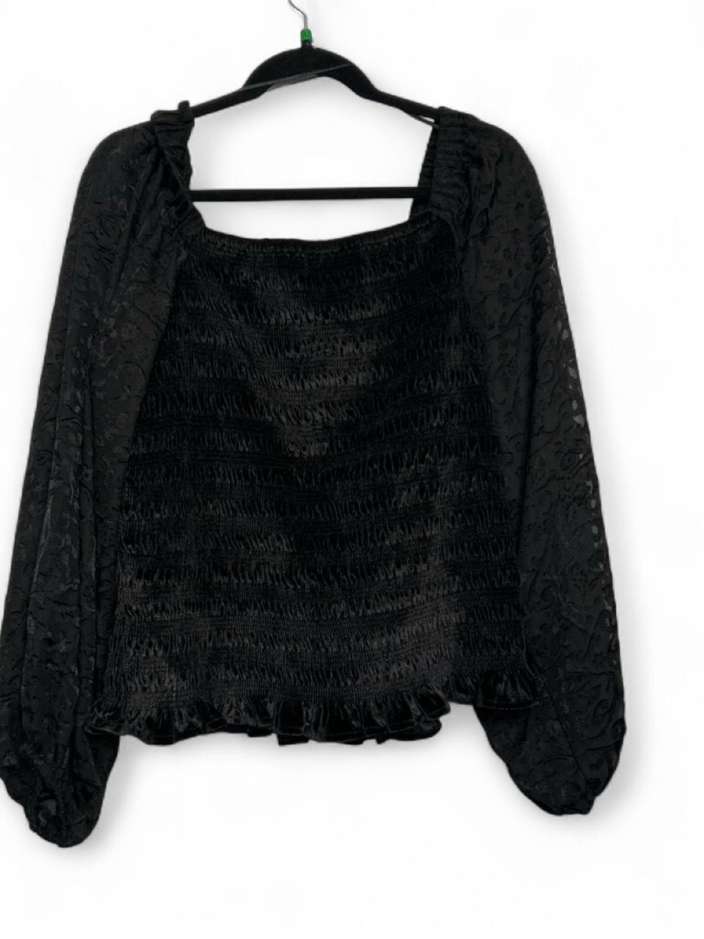 NWT Calligraphie Off-the-Shoulder Black Smocked Blouse Sheer Balloon Sleeves XL